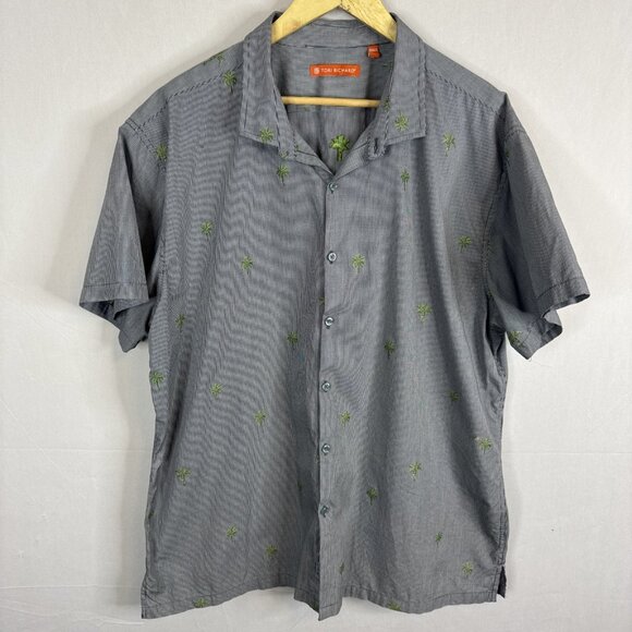 Tom Richard Palm Tree Embroidered Short Sleeve Button Shirt Men’s 2XL Gray - Picture 1 of 6